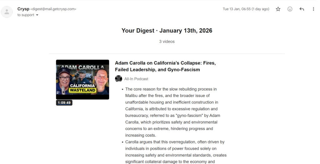 Crysp email digest showing AI summaries of new videos from subscribed channels