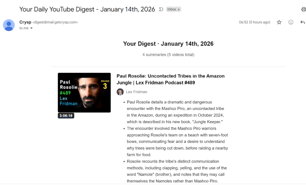 Crysp daily email digest showing video summaries with thumbnails and key insights