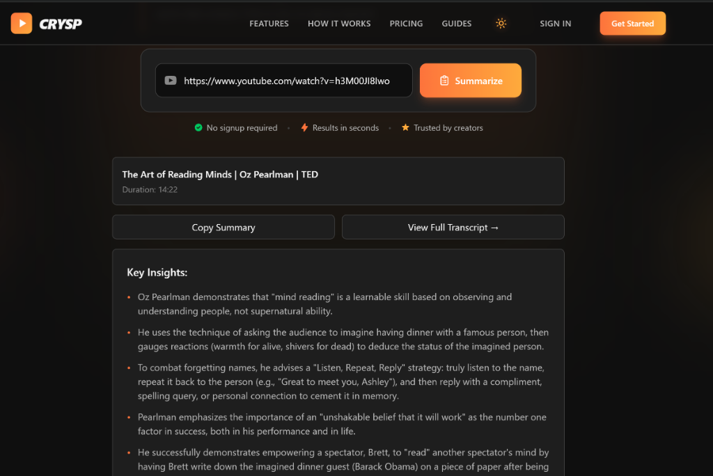 Crysp YouTube Summarizer showing a video summary with key insights